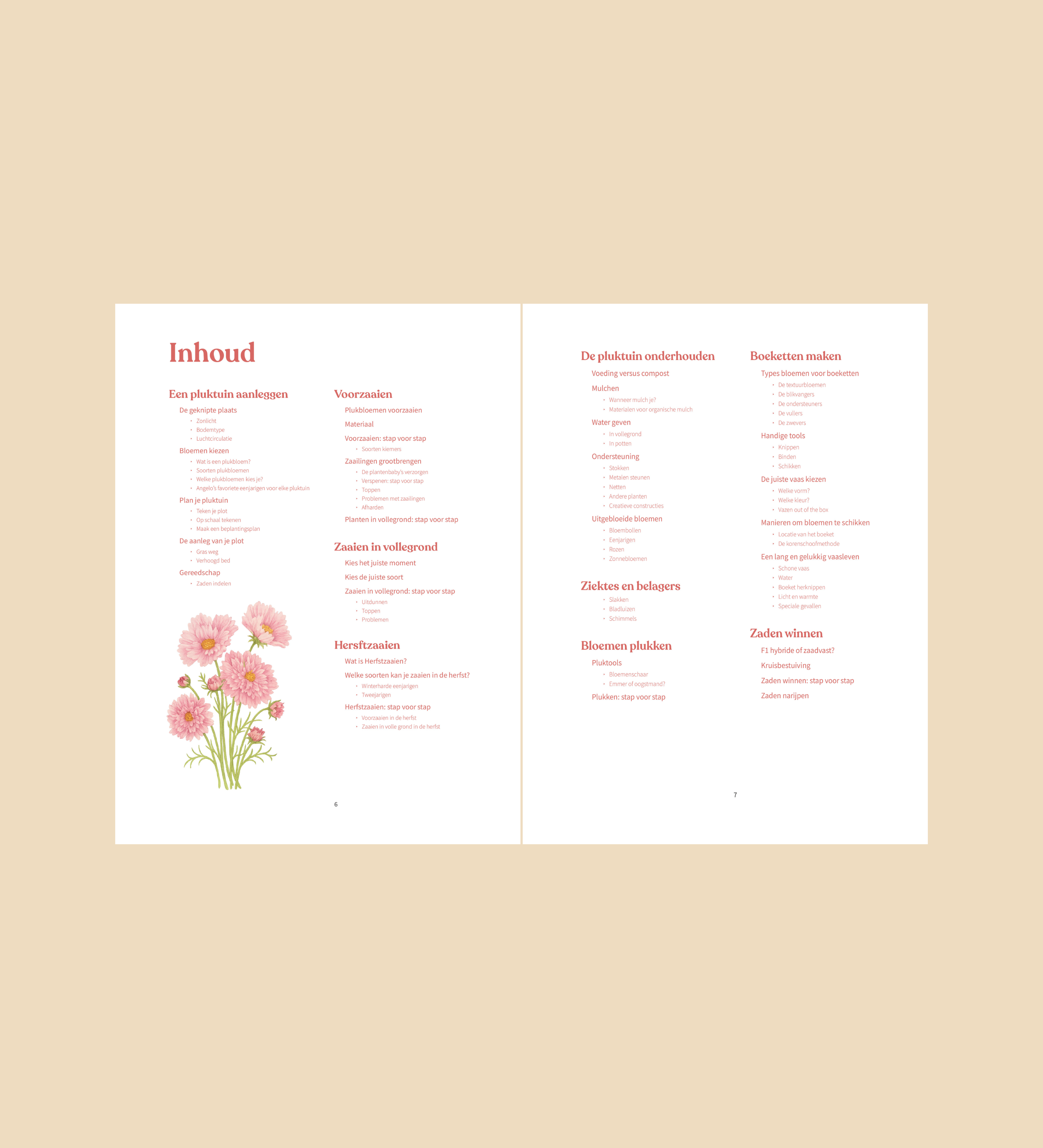 Inhoudsopgave van het boek 'Plukplezier' met bloemenillustratie, informatie over het kweken van bloemen.