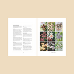 Pagina uit het boek 'Plukplezier' met tekst en foto's van verschillende bloemen en bloeiplaatsen.