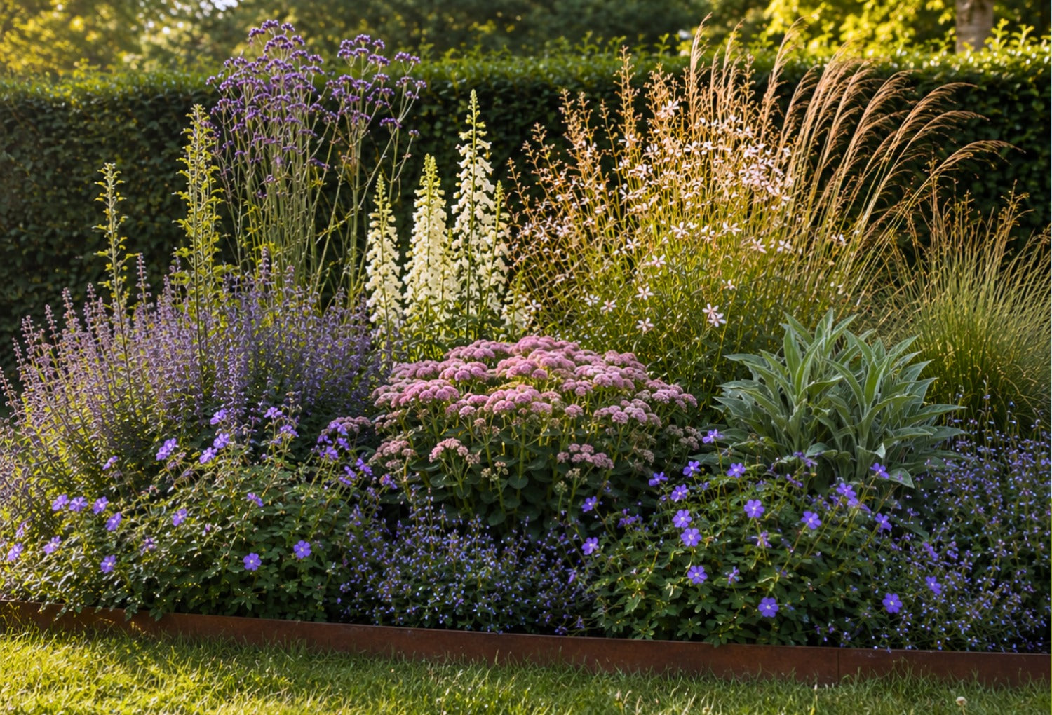 border met Digitalis, Verbena bonariensis, enz.